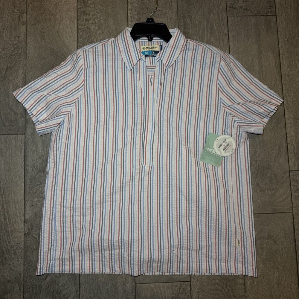 Magellan Outdoors Shirt Womens L White Striped Short Sleeve Button Popover NEW